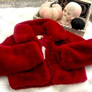 Women's Red Cropped Faux Fur Jacket